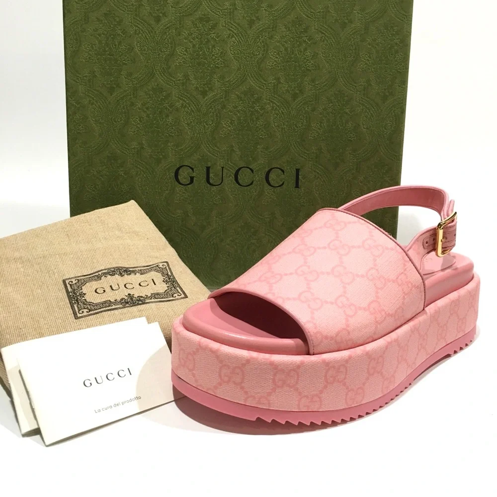 GUCCI GG SUPREME PLATFORM SLINGBACK SANDAL -COTTON CANDY PINK -WOMEN’S US 8 -NIB - Picture 2 of 11